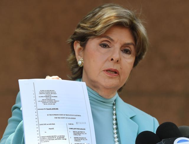 Attorney Gloria Allred talks to the media outside the Los Angeles County Superior Court in Los Angeles, California on May 9, 2018 after filing a lawsuit on behalf of a young woman who alleges that she was repeatedly sexually assaulted while falsely imprisoned in one of the bedrooms of singer Chris Brown’s house. (AFP)