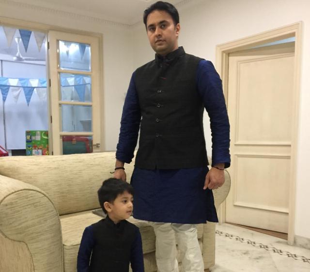Tej Pratap’s brother-in-law Vikram Yadav and his son Arjun at a pre-wedding function, wearing a creation from Mohd. Azimur Rahman. (Photo/ Mohd. Azimur Rahman) Tej Pratap’s brother-in-law Vikram Yadav and his son Arjun at a pre-wedding function, wearing a creation from Mohd. Azimur Rahman. (Photo/ Mohd. Azimur Rahman)