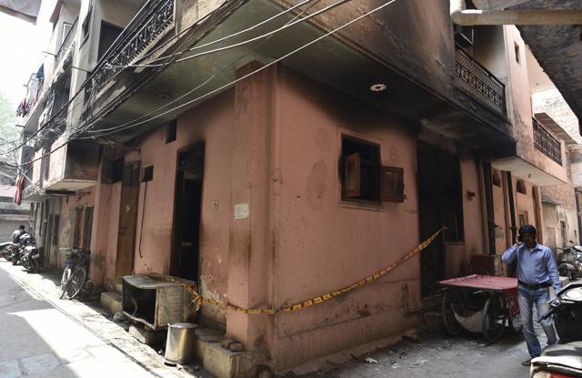 The charred house of the elderly couple who were killed after a fire broke out in their house at Sudarshan Park near Moti Nagar in New Delhi on Friday. (Sanchit Khanna/HT PhotoT) The charred house of the elderly couple who were killed after a fire broke out in their house at Sudarshan Park near Moti Nagar in New Delhi on Friday. (Sanchit Khanna/HT PhotoT)