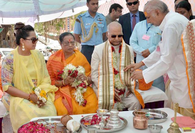 President Ram Nath Kovind during his visit to Pushkar Lake and Jagatpita Brahma Mandir, at Ajmer, in Rajasthan on Monday. (PTI)