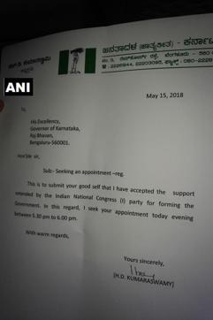 Letter written by JD(S)’s HD Kumaraswamy to governor of Karnataka. (ANI/Twitter) Letter written by JD(S)’s HD Kumaraswamy to governor of Karnataka. (ANI/Twitter)