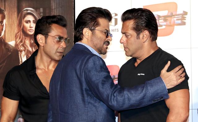 Bobby Deol, Anil Kapoor and Salman Khan at film 'Race 3' trailer launch, in Mumbai, on Tuesday. (PTI) Bobby Deol, Anil Kapoor and Salman Khan at film 'Race 3' trailer launch, in Mumbai, on Tuesday. (PTI)