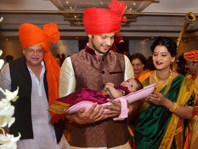 Adinath with dad Mahesh Kothare (left) and wife Urmila Kothare