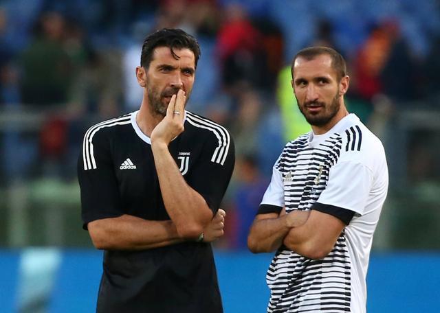 Juventus' Gianluigi Buffon and Giorgio Chiellini during warm up before the match vs Roma on May 13, 2018. (REUTERS) Juventus' Gianluigi Buffon and Giorgio Chiellini during warm up before the match vs Roma on May 13, 2018. (REUTERS)