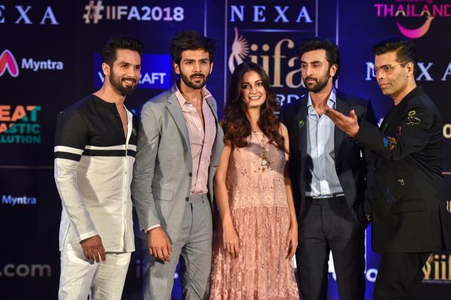 Shahid Kapoor, Kartik Aaryan, Dia Mirza, Ranbir Kapoor and Karan Johar pose for a photo. (PTI) Shahid Kapoor, Kartik Aaryan, Dia Mirza, Ranbir Kapoor and Karan Johar pose for a photo. (PTI)