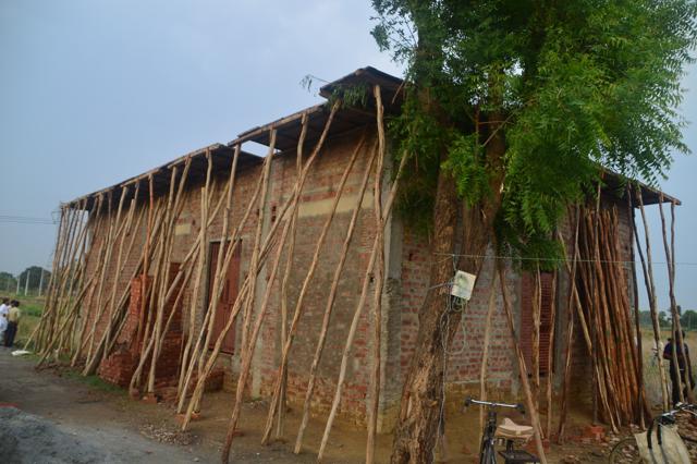 The exterior of the under-construction house in Firozabad district, whose roof collapsed killing three people. (HT PHOTO)