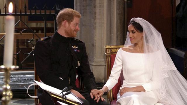In this frame from video, Britain's Prince Harry and Meghan Markle look at each other during their wedding ceremony at St. George's Chapel in Windsor Castle in Windsor. (AP) In this frame from video, Britain's Prince Harry and Meghan Markle look at each other during their wedding ceremony at St. George's Chapel in Windsor Castle in Windsor. (AP)