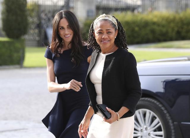 Meghan Markle with her mother Doria Ragland arrive at Cliveden House Hotel, in Berkshire, England, to spend the night before her wedding to Prince Harry on Saturday. (AP)