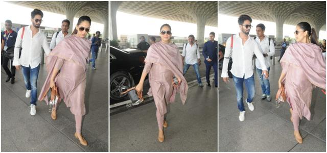 Mira Kapoor with husband Shahid at Mumbai airport. (Viral Bhayani)