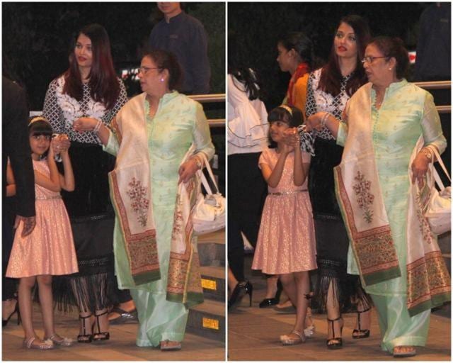 Aaradhya Bachchan, Aishwarya Rai Bachchan and Vrinda Rai meet for dinner in BKC, Mumbai. (Viral Bhayani)