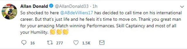 Allan Donald expressed shock at the announcement of AB de Villiers. (Twitter)