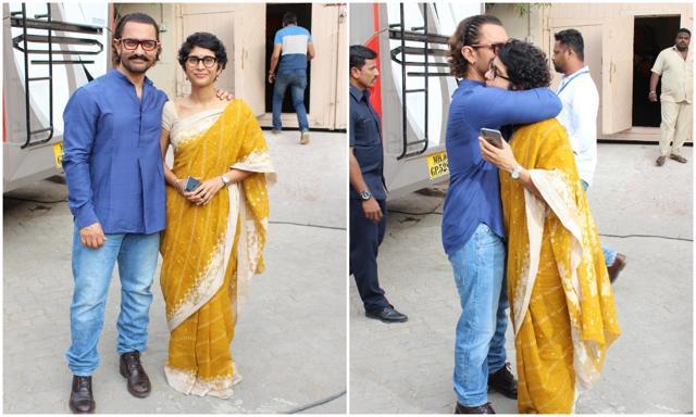 Aamir Khan gives wife Kiran a tight hug. (Viral Bhayani)