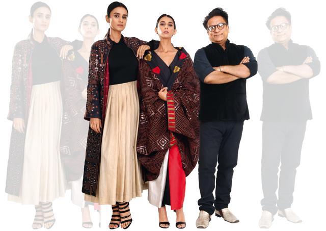 Sonam has created a wooden-bead embroidered cape over an Eri silk dress and (right) a dori embroidered cape over a panelled silk dress (Vinod Aggarwal) Sonam has created a wooden-bead embroidered cape over an Eri silk dress and (right) a dori embroidered cape over a panelled silk dress (Vinod Aggarwal)