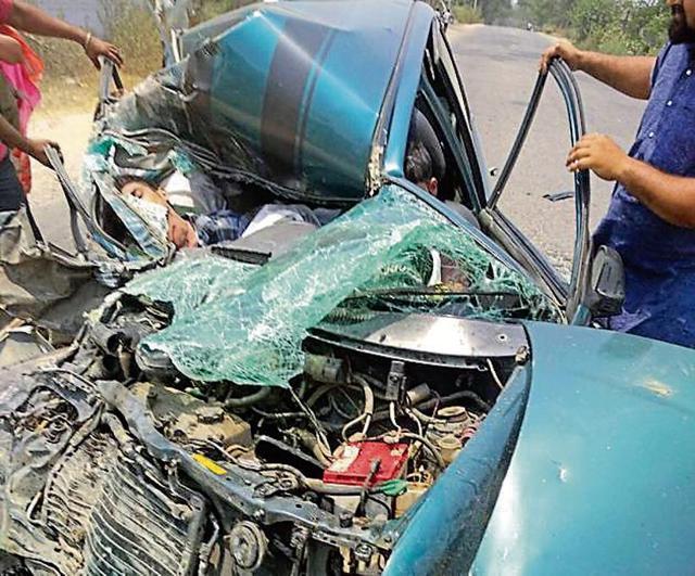 Wreckage of a car after accident near Kalwan village in Rupnagar district on Monday. (HT Photo) Wreckage of a car after accident near Kalwan village in Rupnagar district on Monday. (HT Photo)
