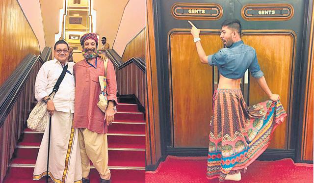 (LtoR) Ashok Row Kavi and Faredoon Bhujwala; Ameya’s digital-print, 16-kali skirt.