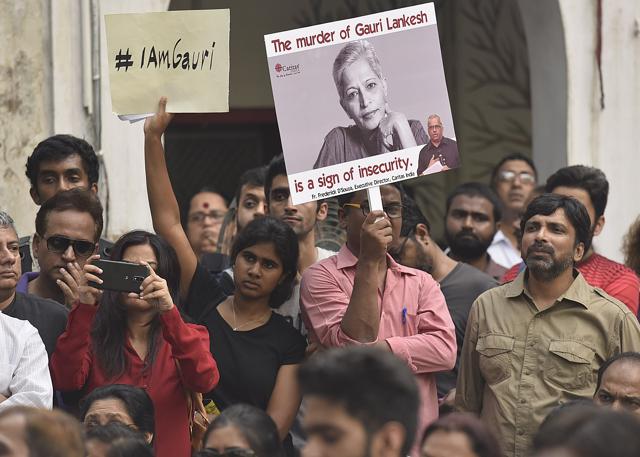 Journalists gathered for a meeting against the killing of Gauri Lankesh, at Press club in New Delhi, India, on September 6, 2017. (Raj K Raj/HT PHOTO) Journalists gathered for a meeting against the killing of Gauri Lankesh, at Press club in New Delhi, India, on September 6, 2017. (Raj K Raj/HT PHOTO)