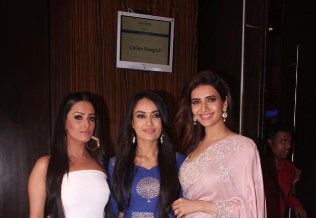 Anita Hassanandani, Surbhi Jyoti and Karishma Tanna at the launch of their upcoming show Naagin 3 in Mumbai. (IANS) Anita Hassanandani, Surbhi Jyoti and Karishma Tanna at the launch of their upcoming show Naagin 3 in Mumbai. (IANS)