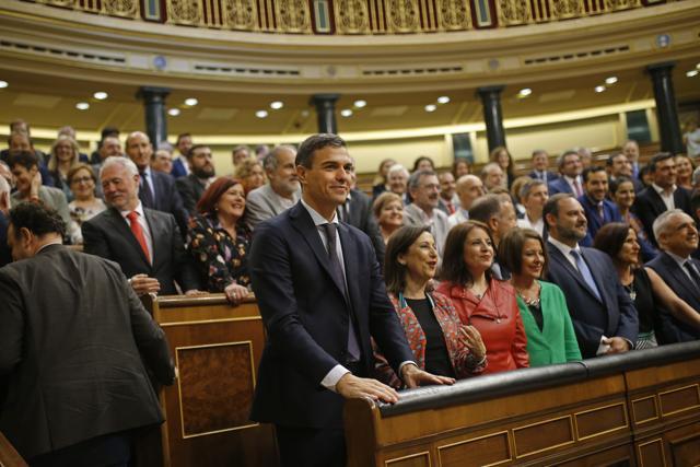 Socialist leader Pedro Sanchez stands with deputies in the parliament after a motion of no confidence vote at the Spanish parliament in Madrid. (AP Photo) Socialist leader Pedro Sanchez stands with deputies in the parliament after a motion of no confidence vote at the Spanish parliament in Madrid. (AP Photo)
