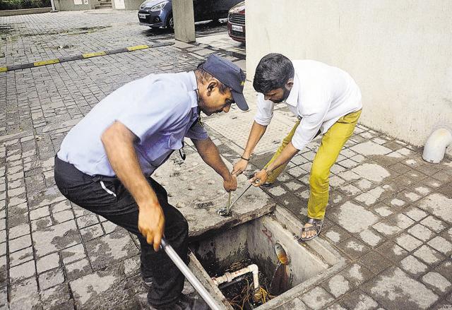 Residents of Lunkad Sky Lounge in Kalyaninagar have successfully installed rainwater harvesting system on their premises. The society also has eight boreholes to help recharge natural aquifers and groundwater. (Shankar Narayan/HT PHOTO) Residents of Lunkad Sky Lounge in Kalyaninagar have successfully installed rainwater harvesting system on their premises. The society also has eight boreholes to help recharge natural aquifers and groundwater. (Shankar Narayan/HT PHOTO)