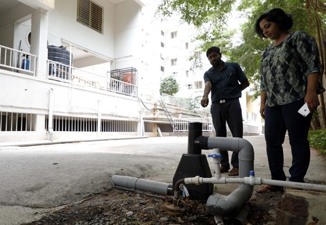 Rainwater harvesting system at Rahul Park housing society in Warje. (Rahul Raut/HT PHOTO)