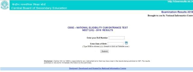 NEET result 2018 checking window (cbseneet.nic.in)