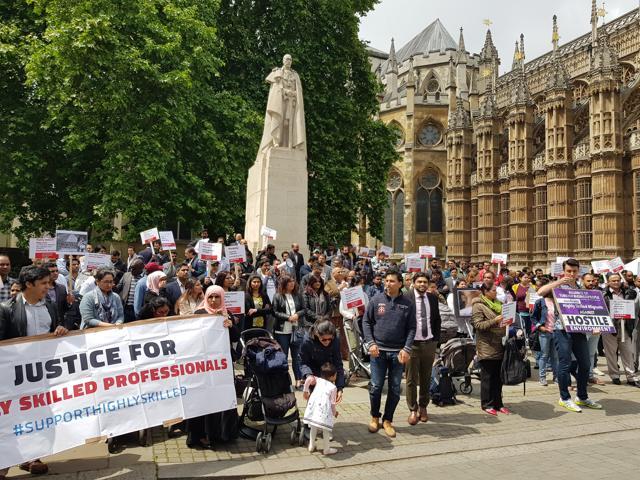 Indian and other non-EU professionals demonstrating outside the British parliament in London on Tuesday. (HT Photo)