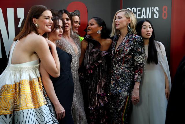Cast members Anne Hathaway (L to R) Helena Bonham Carter, Sandra Bullock, Sarah Paulson, Rihanna, and Cate Blanchett pose at the world premiere of the film Ocean's 8 at Alice Tully Hall in New York City, New York. (REUTERS) Cast members Anne Hathaway (L to R) Helena Bonham Carter, Sandra Bullock, Sarah Paulson, Rihanna, and Cate Blanchett pose at the world premiere of the film Ocean's 8 at Alice Tully Hall in New York City, New York. (REUTERS)