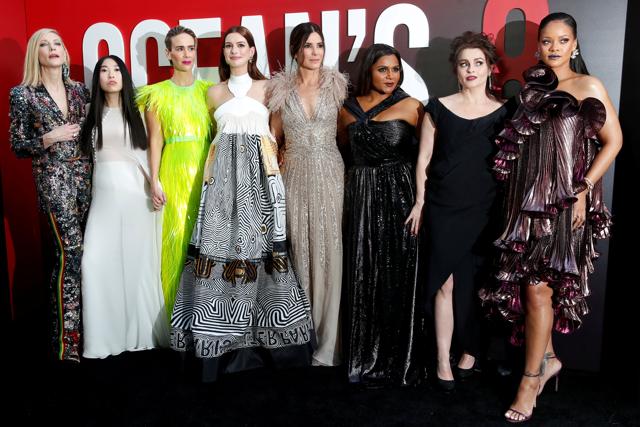 Cast members (L to R) Cate Blanchett, Awkwafina, Sarah Paulson, Anne Hathaway, Sandra Bullock, Mindy Kaling, Helena Bonham Carter and Rihanna pose at the world premiere of the film Ocean's 8 at Alice Tully Hall in New York City. (REUTERS) Cast members (L to R) Cate Blanchett, Awkwafina, Sarah Paulson, Anne Hathaway, Sandra Bullock, Mindy Kaling, Helena Bonham Carter and Rihanna pose at the world premiere of the film Ocean's 8 at Alice Tully Hall in New York City. (REUTERS)
