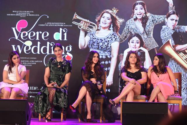 Swara Bhasker, Sonam Kapoor Ahuja, Kareena Kapoor Khan, Shikha Talsania and producer Ekta Kapoor at the music launch of their upcoming film Veere Di Wedding in Mumbai. (IANS) Swara Bhasker, Sonam Kapoor Ahuja, Kareena Kapoor Khan, Shikha Talsania and producer Ekta Kapoor at the music launch of their upcoming film Veere Di Wedding in Mumbai. (IANS)