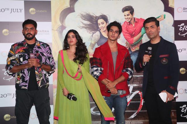 Shashank Khaitan with Janhvi Kapoot, Ishaan Khatter and Karan Johar at Dhadak trailer launch. (Viral Bhayani)