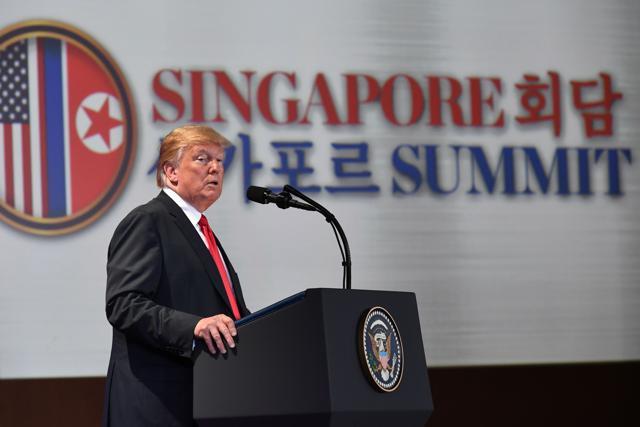 US President Donald Trump speaks at a press conference following the historic US-North Korea summit in Singapore on June 12. (AFP Photo) US President Donald Trump speaks at a press conference following the historic US-North Korea summit in Singapore on June 12. (AFP Photo)