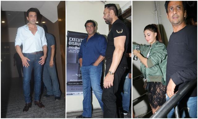 Bobby Deol, Salman Khan and Jacqueline Fernandez at Race 3 screening. Bobby Deol, Salman Khan and Jacqueline Fernandez at Race 3 screening.