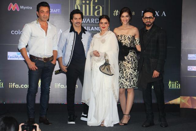 Bollywood stars Bobby Deol, Varun Dhawan, Rekha, Kriti Sanon and Ayushmann Khurrana. (Viral Bhayani) Bollywood stars Bobby Deol, Varun Dhawan, Rekha, Kriti Sanon and Ayushmann Khurrana. (Viral Bhayani)