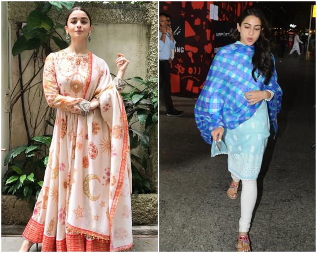 Alia Bhatt looks beautiful while Sara Ali Khan keeps it simple in a Lucknow stitch kurta. (Viral Bhayani)
