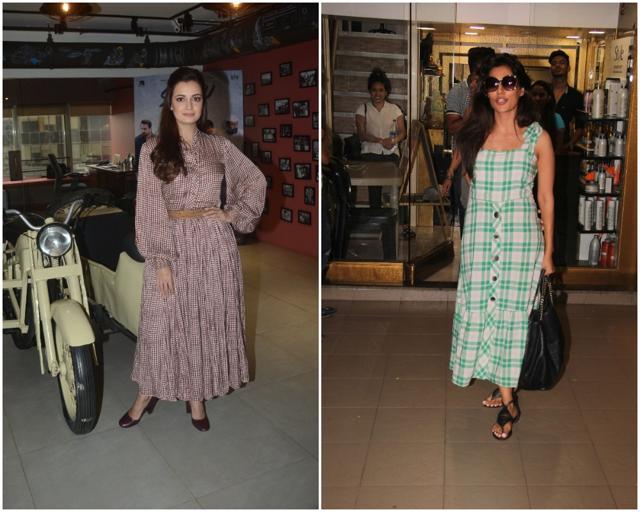 Chitrangada Singh looks cool in a white and green summer dress while Dia Mirza was seen at Sanju press meet. (Viral Bhayani)