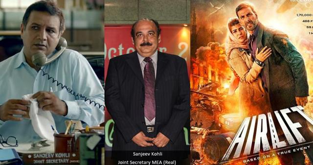 IN REAL AND REEL LIFE: Career diplomat Sanjiv Kohli poses with posters of the movie ‘Airlift’ where his role was essayed by Kumud Mishra. (File Photo)