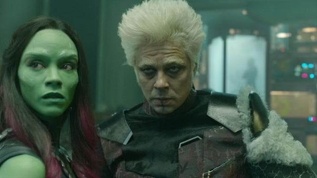 Benicio del Toro plays the Collector, opposite Zoe Saldana’s Gamora. Benicio del Toro plays the Collector, opposite Zoe Saldana’s Gamora.