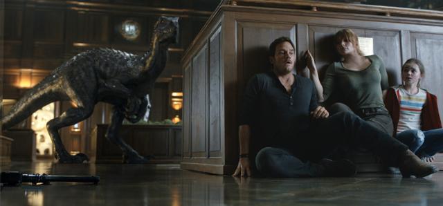 Chris Pratt, Bryce Dallas Howard and Isabella Sermon in a scene from Jurassic World: Fallen Kingdom. (AP) Chris Pratt, Bryce Dallas Howard and Isabella Sermon in a scene from Jurassic World: Fallen Kingdom. (AP)