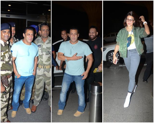 Salman Khan posed with security staff at Mumbai airport. (Viral Bhayani)