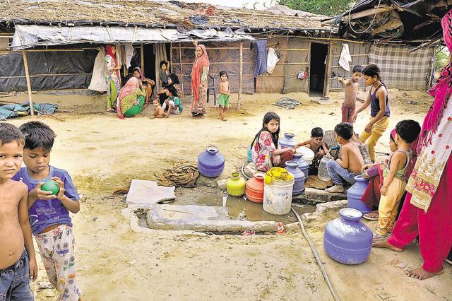 Rohingya refugee children collect drinking water from a tap in the Chandeni Rohingya camp. (Parveen Kumar/HT Photo) Rohingya refugee children collect drinking water from a tap in the Chandeni Rohingya camp. (Parveen Kumar/HT Photo)