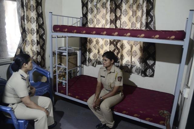 Pune police’s female personnel now have a fully equipped retiring room, furnished with bunk beds, study tables, wardrobes with a locker facility and a full-length mirror; not to mention clean, private restrooms. (RAVINDRA JOSHI/HT PHOTO)