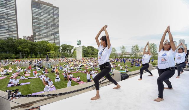 Yoga enthusiasts perform yoga to mark the 4th International Day of Yoga outside UN Headquarters, in New York, US, on Thursday. (PTI) Yoga enthusiasts perform yoga to mark the 4th International Day of Yoga outside UN Headquarters, in New York, US, on Thursday. (PTI)