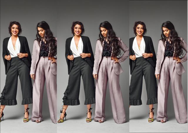 (Nida on left) Jacket, Rohit Gandhi + Rahul Khanna; pants, Lecoanet Hemant; body suit and tie-up sandals, Zara; ring, Swarovski (Suhavini on right) Palazzo pantsuit, Ashish N Soni; shirt, Lecoanet Hemant; shoes, Zara; earrings, Swarovski (Suvrat Tandon) (Nida on left) Jacket, Rohit Gandhi + Rahul Khanna; pants, Lecoanet Hemant; body suit and tie-up sandals, Zara; ring, Swarovski (Suhavini on right) Palazzo pantsuit, Ashish N Soni; shirt, Lecoanet Hemant; shoes, Zara; earrings, Swarovski (Suvrat Tandon)