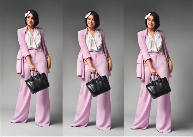 Suit and body suit, Zara; shoes and purse, Christian Louboutin; hair accessory, Victoria and Albert Museum (Suvrat Tandon) Suit and body suit, Zara; shoes and purse, Christian Louboutin; hair accessory, Victoria and Albert Museum (Suvrat Tandon)