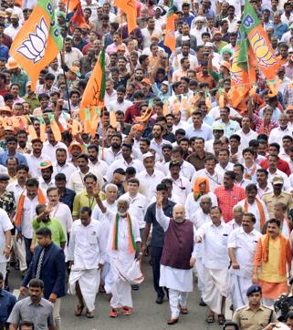 BJP National President Amit Shah during the Janaraksha Yatra against the political violence in Kerala in Thiruvananthapuram in October 2017. (PTI) BJP National President Amit Shah during the Janaraksha Yatra against the political violence in Kerala in Thiruvananthapuram in October 2017. (PTI)