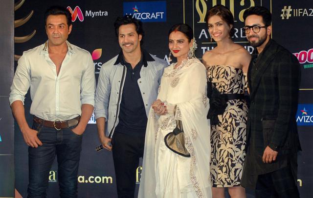 Rekha, Varun Dhawan, Bobby Deol, Kriti Sanon and Ayushmann Khurrana during an announcement of the 19th edition of IIFA Awards 2018 Thailand, in Mumbai on June 12, 2018. (PTI) Rekha, Varun Dhawan, Bobby Deol, Kriti Sanon and Ayushmann Khurrana during an announcement of the 19th edition of IIFA Awards 2018 Thailand, in Mumbai on June 12, 2018. (PTI)