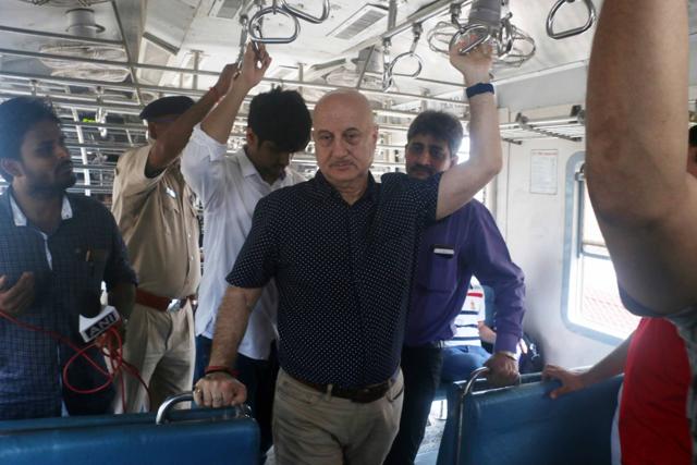 Anupam Kher takes local train from CST to Bandra in Mumbai. (IANS) Anupam Kher takes local train from CST to Bandra in Mumbai. (IANS)