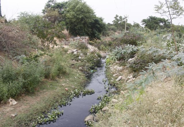 The point where Li Nullah, which was once 40 feet wide, enters Gurugram. The drain has shrunk because of realtors encroaching on its banks. (Yogendra Kumar/HT PHOTO) The point where Li Nullah, which was once 40 feet wide, enters Gurugram. The drain has shrunk because of realtors encroaching on its banks. (Yogendra Kumar/HT PHOTO)