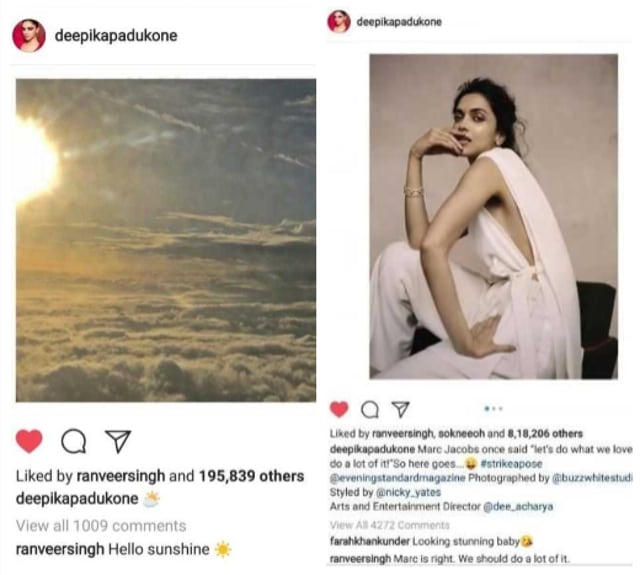 A screenshot of Ranveer Singh’s comments on Deepika Padukone’s pictures.