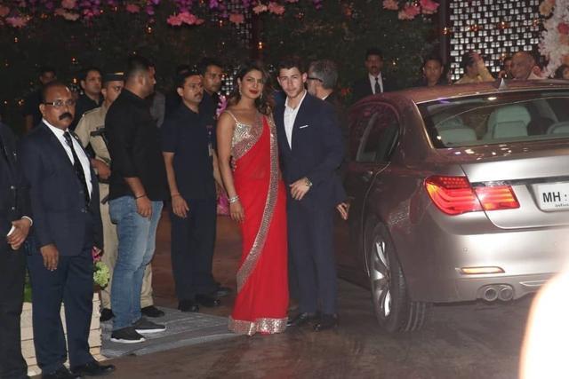 Priyanka Chopra with American singer-songwriter Nick Jonas during pre-engagement party of Akash Ambani and Shloka Mehta at Antilia. (IANS)